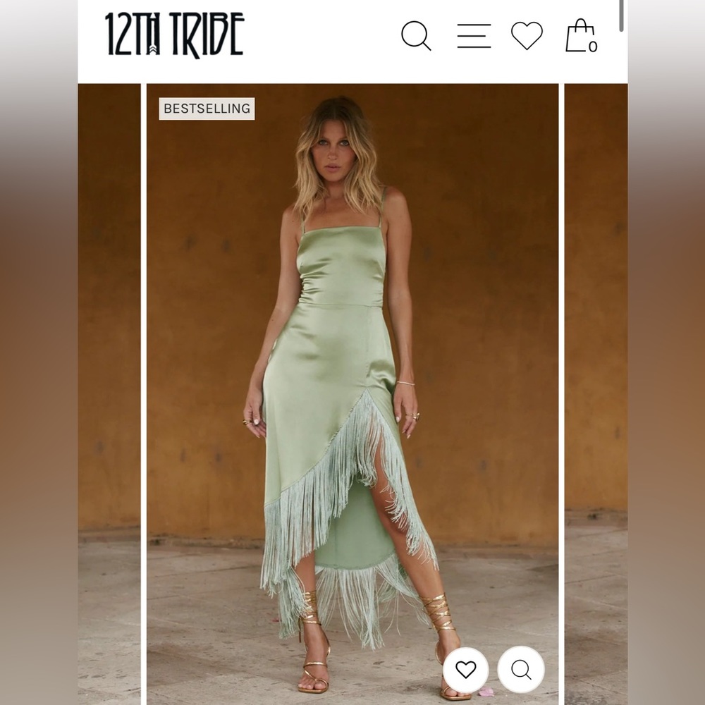 12th Tribe Best Seller Monet Sage Fringe Satin Maxi Dress
